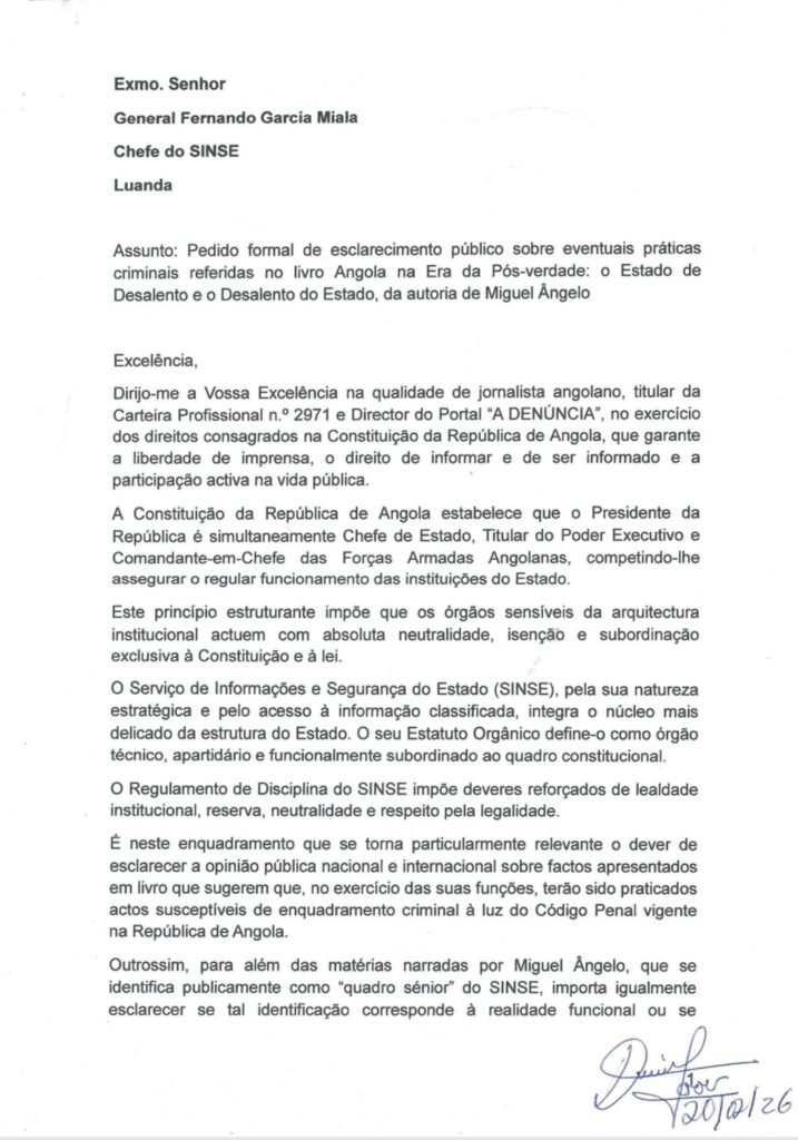 Portal “A DENÚNCIA” formaliza pedido de esclarecimento ao Chefe do SINSE